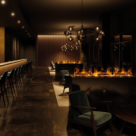 Das Elektrofeuer birgt keine Gefahren und passt perfekt in Restaurants und Bars.