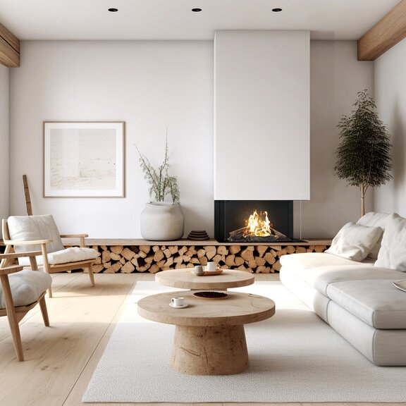 Gas-Kamineinsatz VISIO 100 mit dreiseitigem Glas in gemütlichem Wohnraum