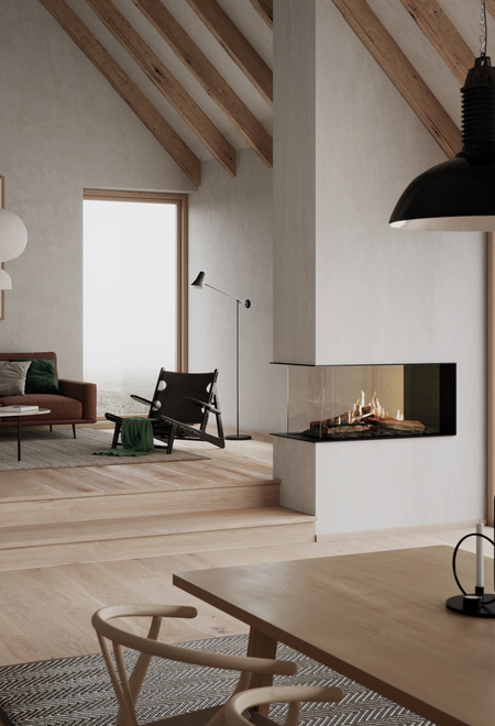 Gas-Kamineinsatz VISIO 100 als Raumteiler mit schwarzem Stahlrahmen, zwischen Wohnzimmer und Esszimmer