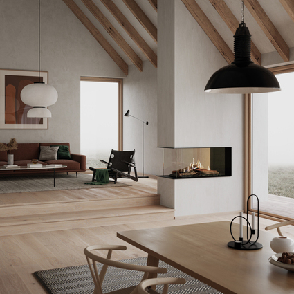 Gas-Kamineinsatz VISIO 100 als Raumteiler mit schwarzem Stahlrahmen, zwischen Wohnzimmer und Esszimmer