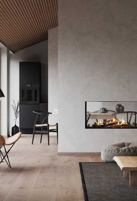 Gas-Kamineinsatz VISIO 100 Tunnel mit schwarzem Stahlrahmen trennt Wohnzimmer und Esszimmer