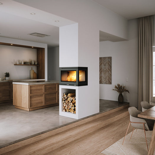 Holz-Kamineinsatz R-500 dreiseitig verglast eingebaut, zwischen Küche und Esszimmer