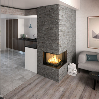 Holz-Kamin VISIO 2 rechts, der Eckkamin trennt Küche und Wohnzimmer und eine moderne Treppe führt in die obere Etage