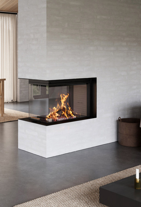 Holz-Kamin VISIO 3:1 UNIQ als Raumteiler zwischen Ess- und Wohnzimmer