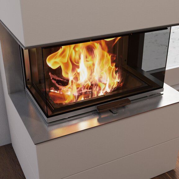 Holz-Kamin VISIO 3 ELEMENT mit Edelstahl Scheibenrahmen und Einbaurahmen und hoher Flamme im Feuerraum