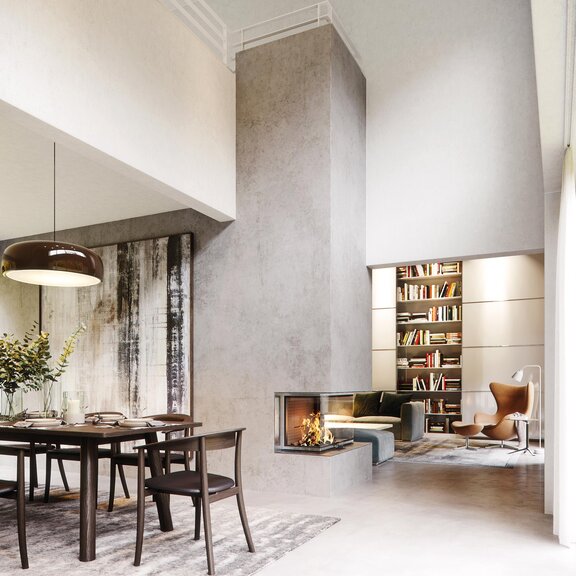 Holz-Kamin VISIO 3 L ist durch seinen grosszügigen Feuerraum und dreiseitigen Einblick auf die Flammen im Mittelpunkt des Raumes am richtigen Platz