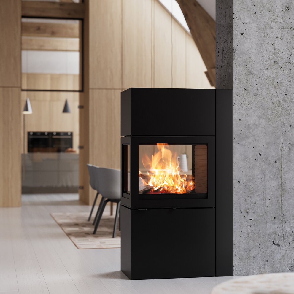 Raumteiler 600 RD in Schwarz und mit inliegender Deckplatte an Betonwand