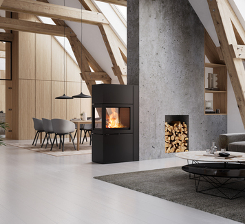 Kaminofen 600 RD in schwarz mit inliegender Deckplatte im modernen Wohnzimmer