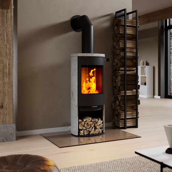Holz-Kaminofen CARO 120 mit Stahltür in Schwarz und Specksteinverkleidung