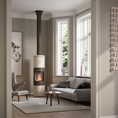 JUNO 166 L mit Naturstein «Porto» Verkleidung und Stahltüre in der Farbe Mokka im modernen Wohnraum mit grossen Fensterfronten