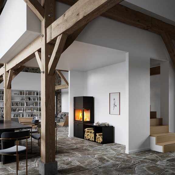 Holz-Kaminofen MAX 600/150 in Schwarz mit einem Seitenfenster und zwei Seitenbänken als Eckmodell im offenen, geräumigen Esszimmer