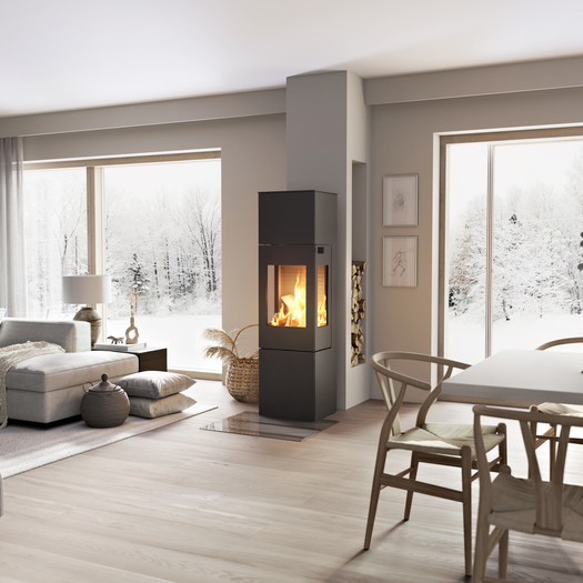 Holz-Kaminofen NEXO 160 in Schwarz mit Stahltür und Seitenfenster mitten im Wohnraum zwischen Esszimmer und Wohnzimmer