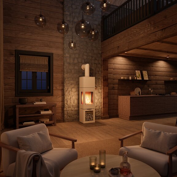 Holz-Kaminofen NEXO 160 in der Farbe Sand an Steinmauer im rustikalen Chalet bei Abendstimmung