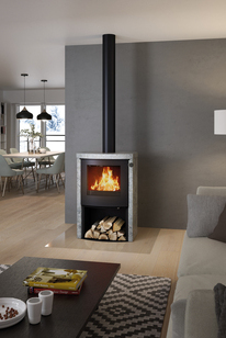 Holz-Kaminofen Q-TEE 2 C Speckstein mit Stahltür und Holzfach im Wohnhaus in verschiedenen Grautönen