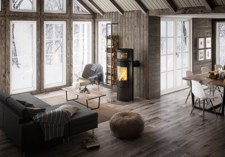 Holz-Kaminofen VIVA L Back in Schwarz mit integriertem Backfach, in welchem mit Feuerwärme frisches Brot gebackt wird