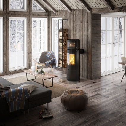 Holz-Kaminofen VIVA L Back in Schwarz mit integriertem Backfach, in welchem mit Feuerwärme frisches Brot gebackt wird