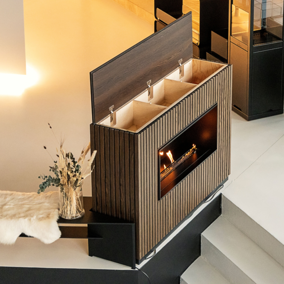 Bioethanolbrenner Panel Wall Front tief Holzverkleidung Stauraum