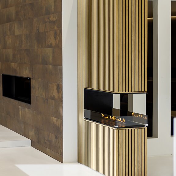 Bioethanolbrenner Panel Wall Raumteiler hoch Holzverkleidung frontal