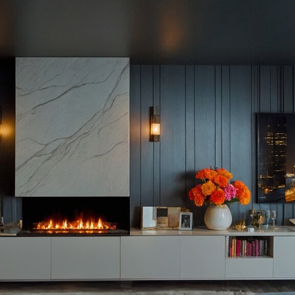 Elektrofeuer Montreal 3-seitig in dunklen modernem Wohnzimmer