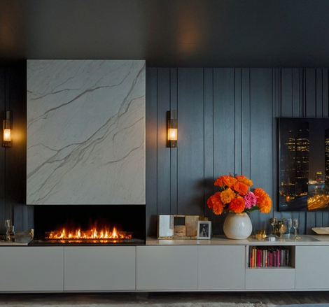 Elektrofeuer Montreal 3-seitig in dunklen modernem Wohnzimmer