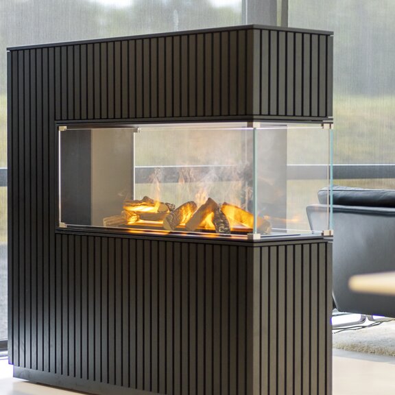 Elektrofeuer Panel Wall Raumteiler tief dunkle Holzverkleidung seitlich 