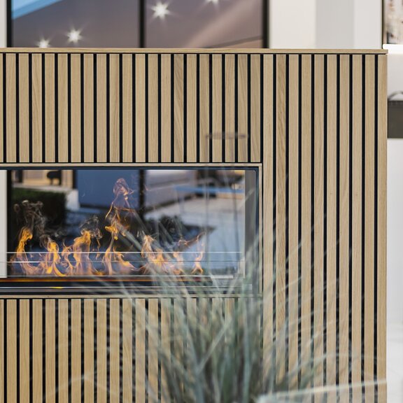 Elektrofeuer Panel Wall Tunnel tief Holzverkleidung seitlich