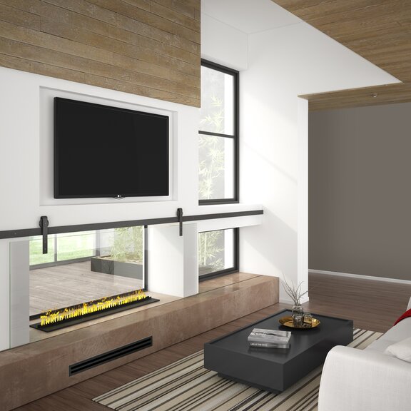 Elektrische Feuerstelle Cassette 1000 in Fensterfassade verbaut im Wohnzimmer