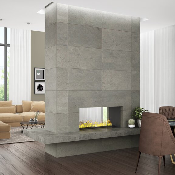 Elektrisches Effektfeuer Cassette 1000 von Dimplex im modernen Wohnzimmer als Tunnelkamin eingebaut