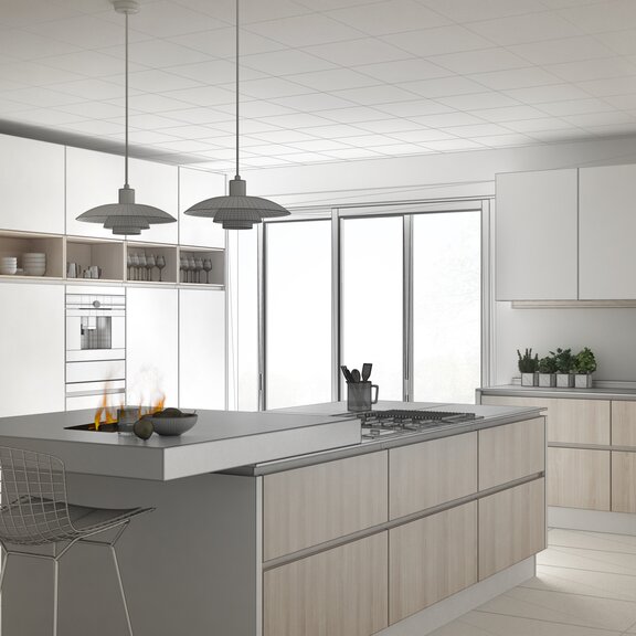 Elektrisches Effektfeuer Cassette 400 LED ohne Holz-Imitation eingebaut in die Arbeitsfläche der Küche