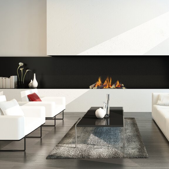 Elektrofeuer Cassette 600 mit Holz-Aufsatz eingebaut in der weissen Wand im modernen Wohnzimmer