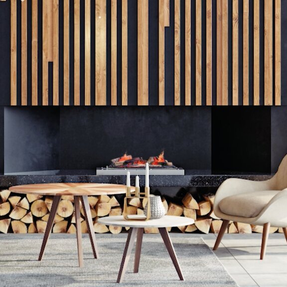 Elektrische Feuerstelle Cassette 600 LED mit Holzaufsatz im modernen Sideboard aus hellem Holz