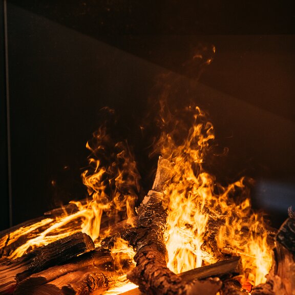 Beim Elektrokamin e-Matrix Mood 800/500 dreiseitig verglast werden die keramischen Holzscheite und Wasserdampfflammen mit LED beleuchtet.