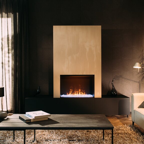 Elektrokamin e-Matrix Mood 800/500 Front im eleganten Wohnzimmer mit dunklen Farben