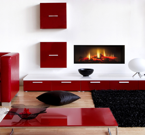 Elektrofeuer Opti-V-Single im Wohnzimmer mit roten Möbeln an weisser Wand eingebaut