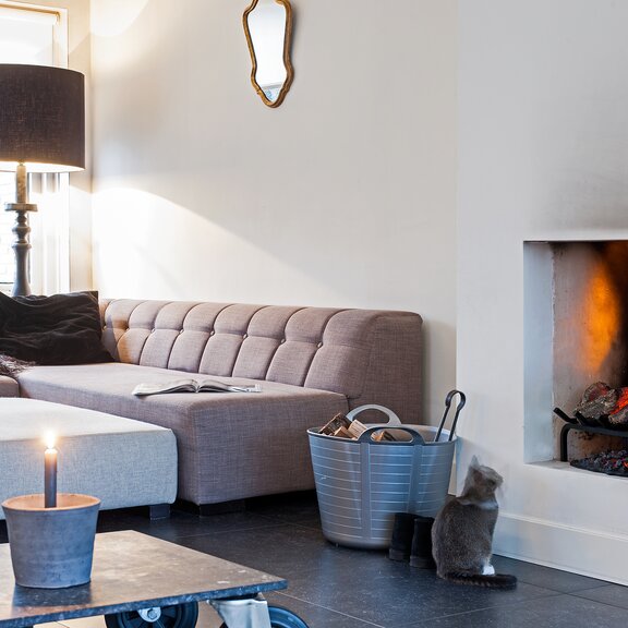 Elektrofeuer Silverton mit Holzaufsatz im gemütlichen Wohnzimmer mit Sofa und Katze