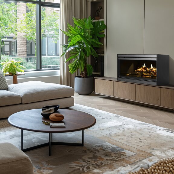 Elektrokamin E-One 100 Front freistehend auf Sideboard aus Holz im Wohnzimmer mit Sofa und grossen Fenstern