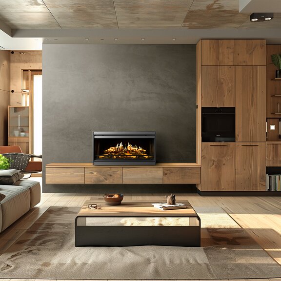 Elektrokamin E-One 100 Front Freistehend auf Holz-Sideboard im rustikalen Wohnzimmer mit Sofa in Brauntönen