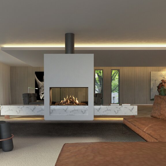 Gas-Kamin GP110/59T Tunnel eingebaut in eine weisse Trennwand auf einem Marmorsockel im modernen Wohnzimmer mit Ledersofa
