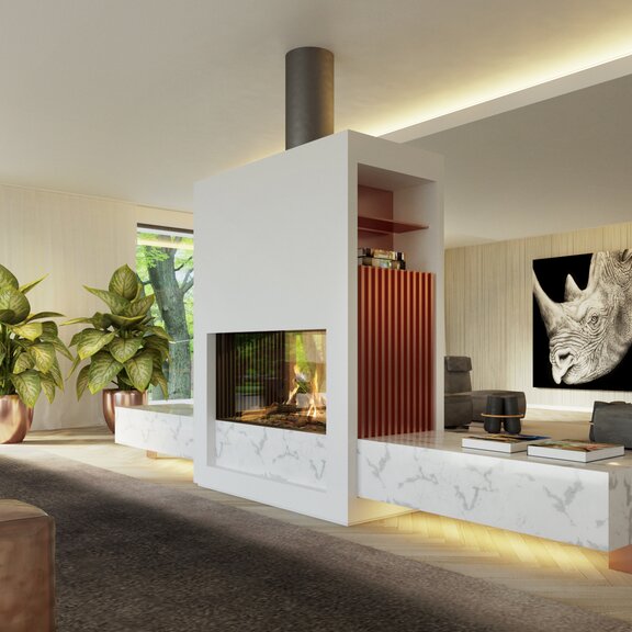 Gas-Kamin GP110/59T als Tunnel eingebaut in einer weissen Trennwand im grosszügigen und hellen Wohnzimmer