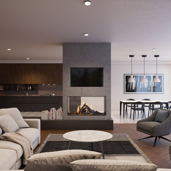 Gas-Kamin GP110/59T Tunnel als Raumteiler zwischen dem Wohnzimmer und der Küche eingebaut in eine graue Steinwand