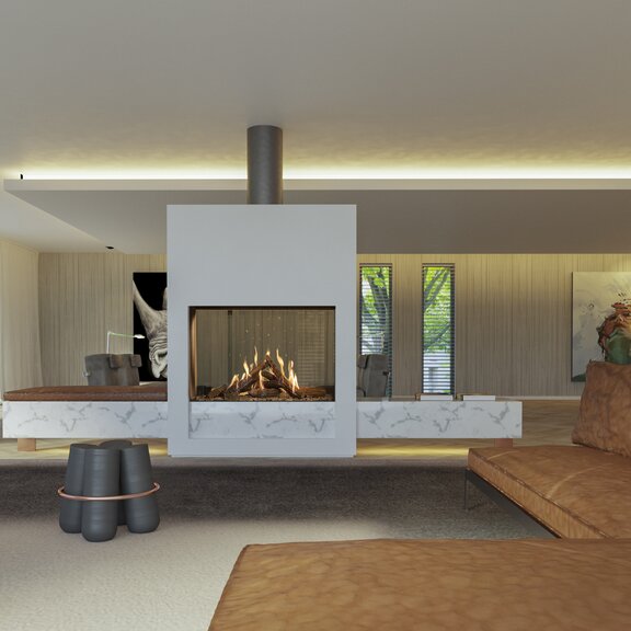 Gas-Kamin GP110/79T als Tunnel eingebaut in eine weisse Trennwand auf einem Marmorsockel im Wohnzimmer