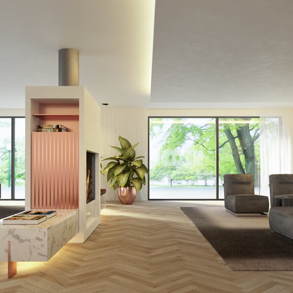 Gas-Kamin GP110/79T Tunnel von Kalfire eingebaut in eine Trennwand im grosszügigen Wohnzimmer mit Sofa und Sessel