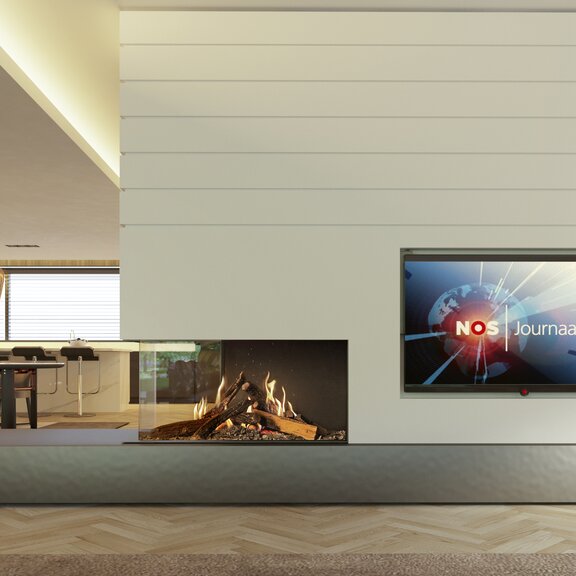 Gas-Kamin GP115/55R mit schwarzem Sockel und weisser Verkleidung im grosszügigen Esszimmer