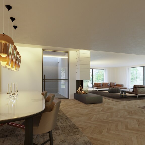 Gas-Kamin GP115/75R als Raumteiler zwischen Esszimmer mit Esstisch und Teppich und Wohnzimmer mit Parkettboden und Sofa