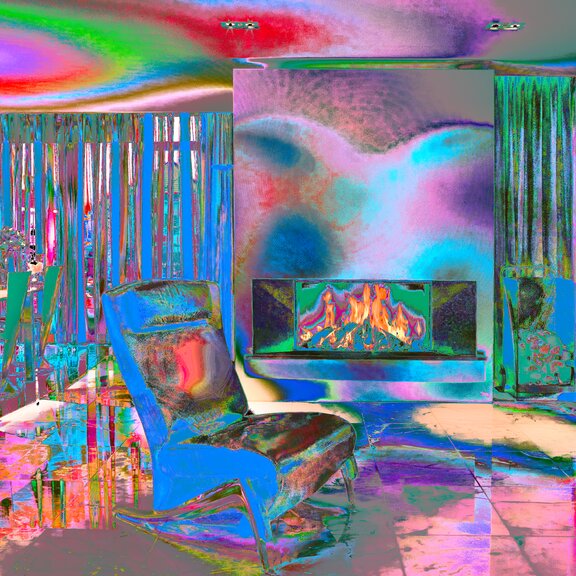 Holz-Kamin W105/47F von Kalfire in Frontversion in lichtdurchflutetem Wohnzimmer mit blauen Vorhängen